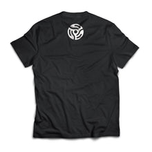 Load image into Gallery viewer, Back of Orbit T-Shirt, black with our spindle adaptor logo in white at the top

